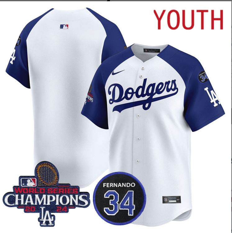 Youth MLB Los Angeles Dodgers  blank white 2024 World Series Champions Patch Limited Jersey style 2